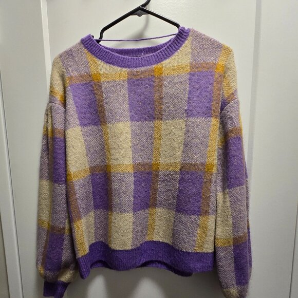 VERO MODA Women’s Plaid Puff Long Sleeves Sweater Lilac/Gold/Cream - Sze Medium - Picture 10 of 11